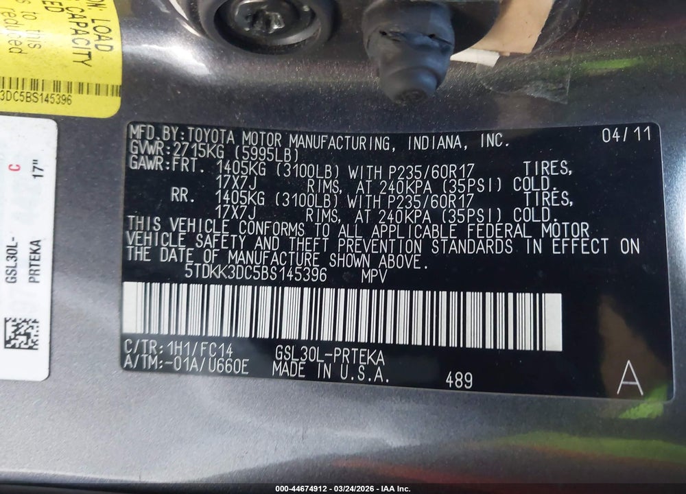 2011 TOYOTA SIENNA LE V6 VIN: 5TDKK3DC5BS145396