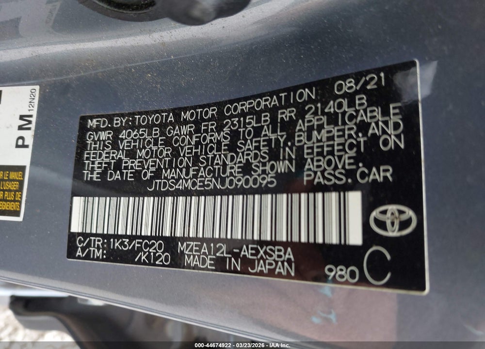 2022 TOYOTA COROLLA SE VIN: JTDS4MCE5NJ090095