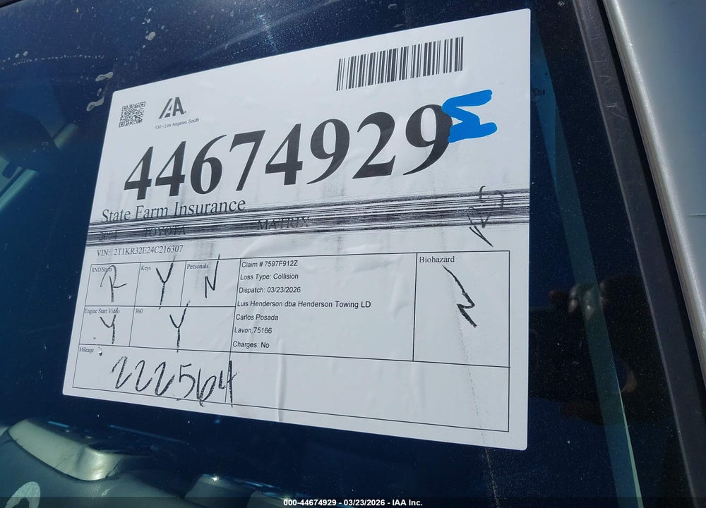 2004 TOYOTA MATRIX XR VIN: 2T1KR32E24C216307