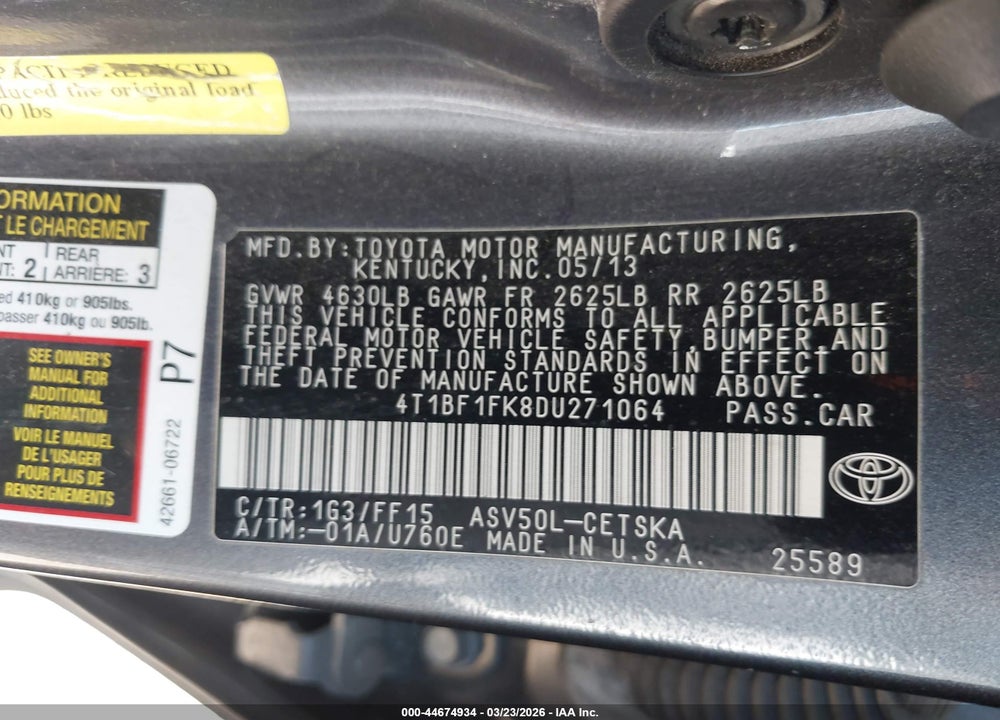 2013 TOYOTA CAMRY SE VIN: 4T1BF1FK8DU271064