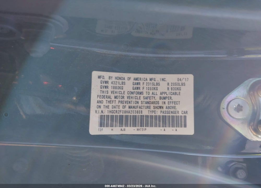 2017 HONDA ACCORD EX VIN: 1HGCR2F08HA203859