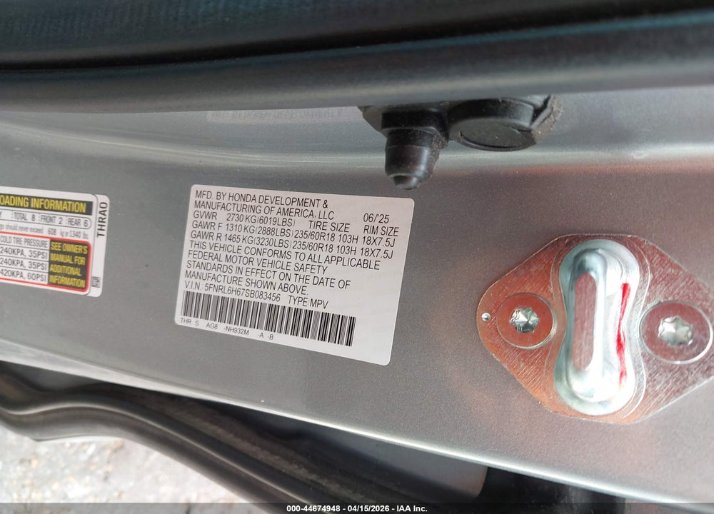 2025 HONDA ODYSSEY EX-L VIN: 5FNRL6H67SB083456