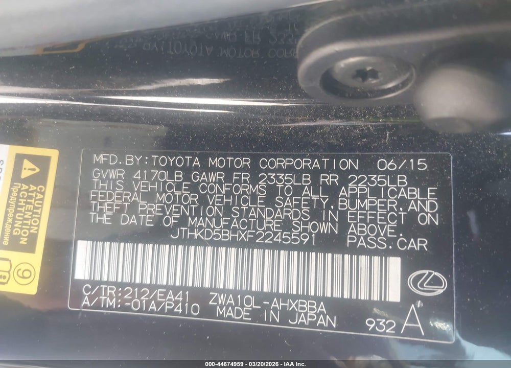 2015 LEXUS CT 200H VIN: JTHKD5BHXF2245591