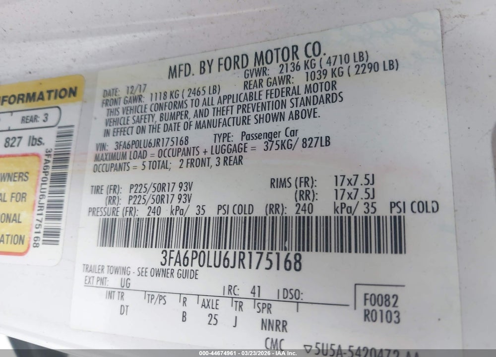 2018 FORD FUSION HYBRID SE VIN: 3FA6P0LU6JR175168