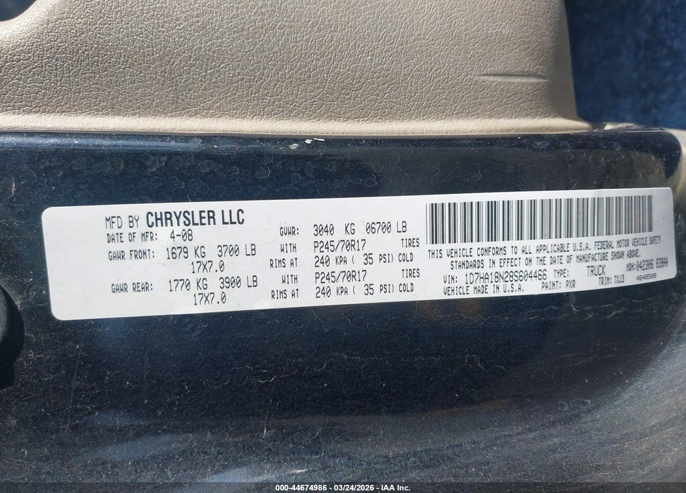 2008 DODGE RAM 1500 ST/SXT VIN: 1D7HA18N28S604466