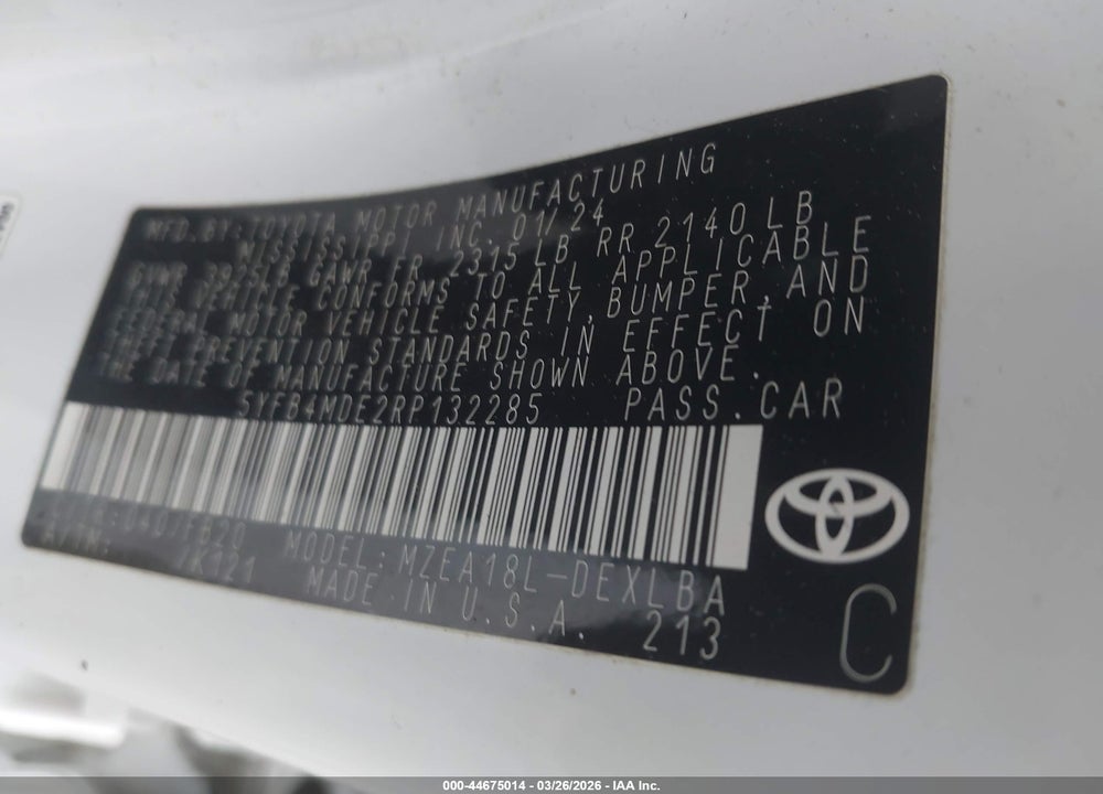 2024 TOYOTA COROLLA LE VIN: 5YFB4MDE2RP132285