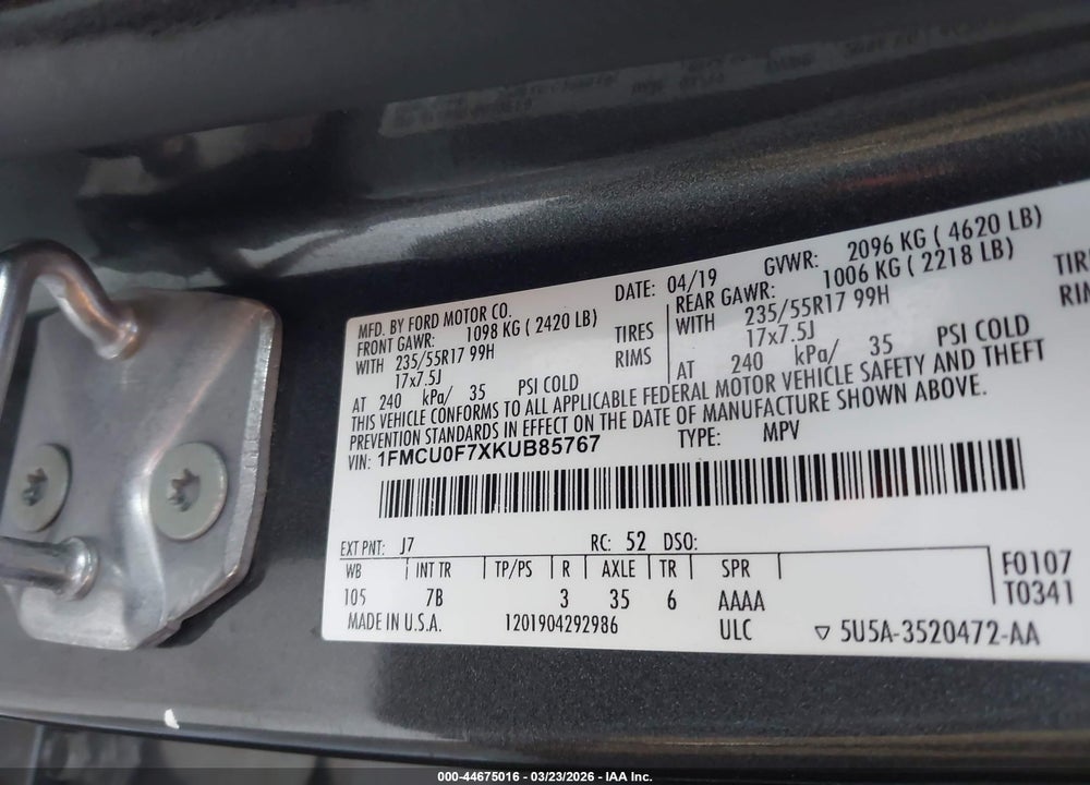 2019 FORD ESCAPE S VIN: 1FMCU0F7XKUB85767