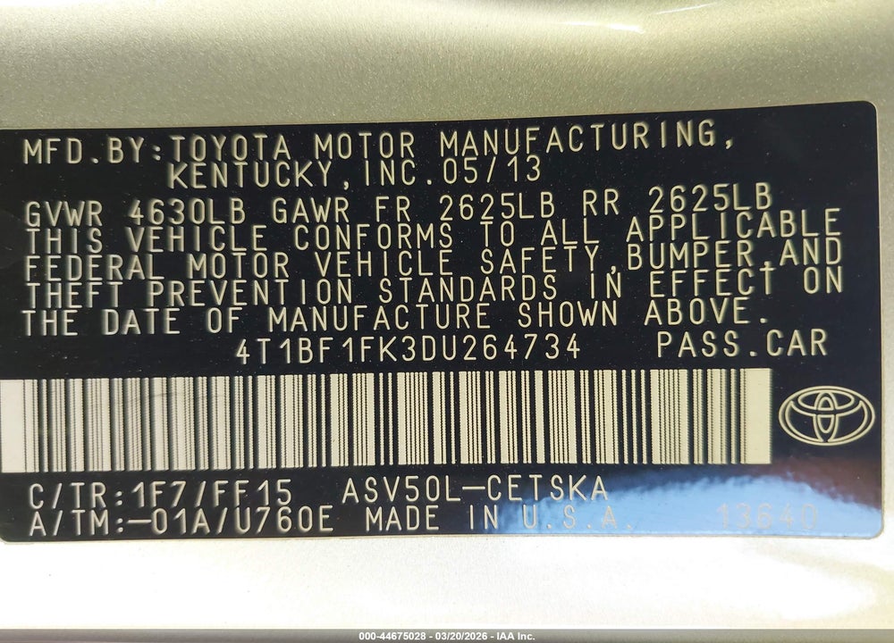 2013 TOYOTA CAMRY SE VIN: 4T1BF1FK3DU264734