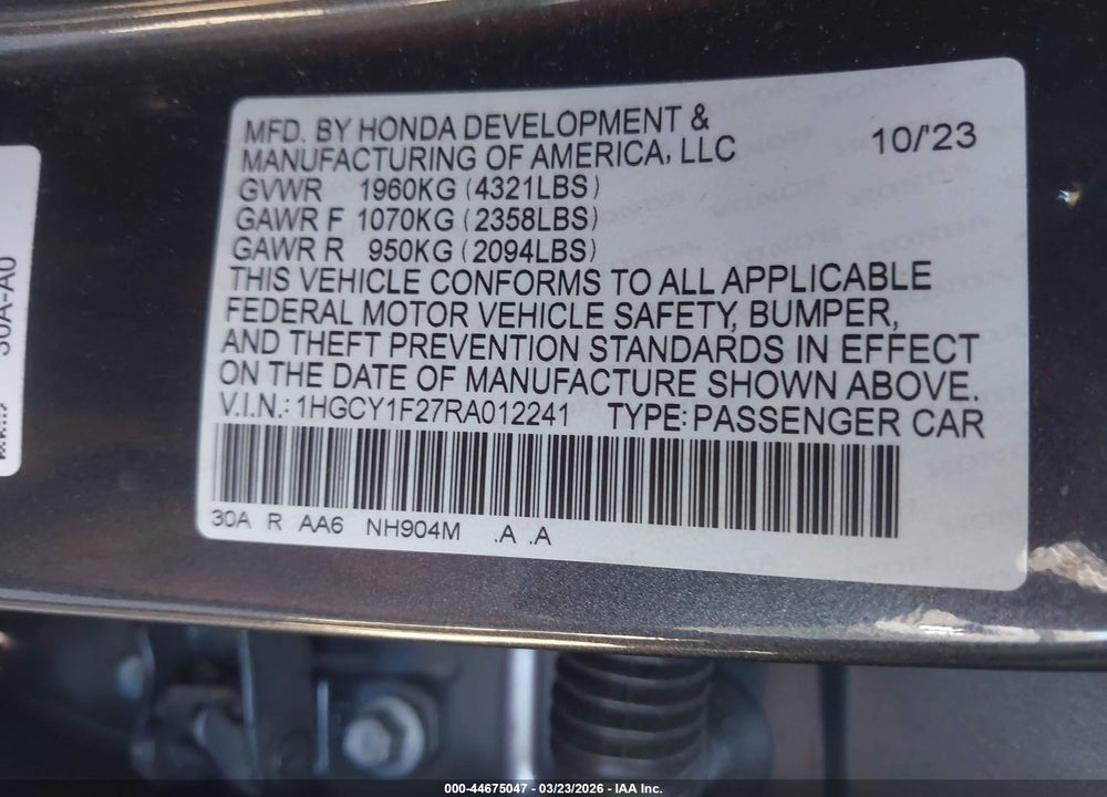 2024 HONDA ACCORD LX VIN: 1HGCY1F27RA012241