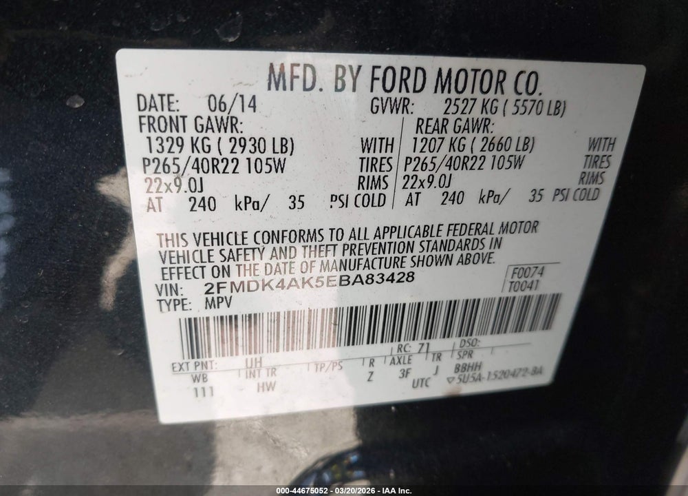 2014 FORD EDGE SPORT VIN: 2FMDK4AK5EBA83428
