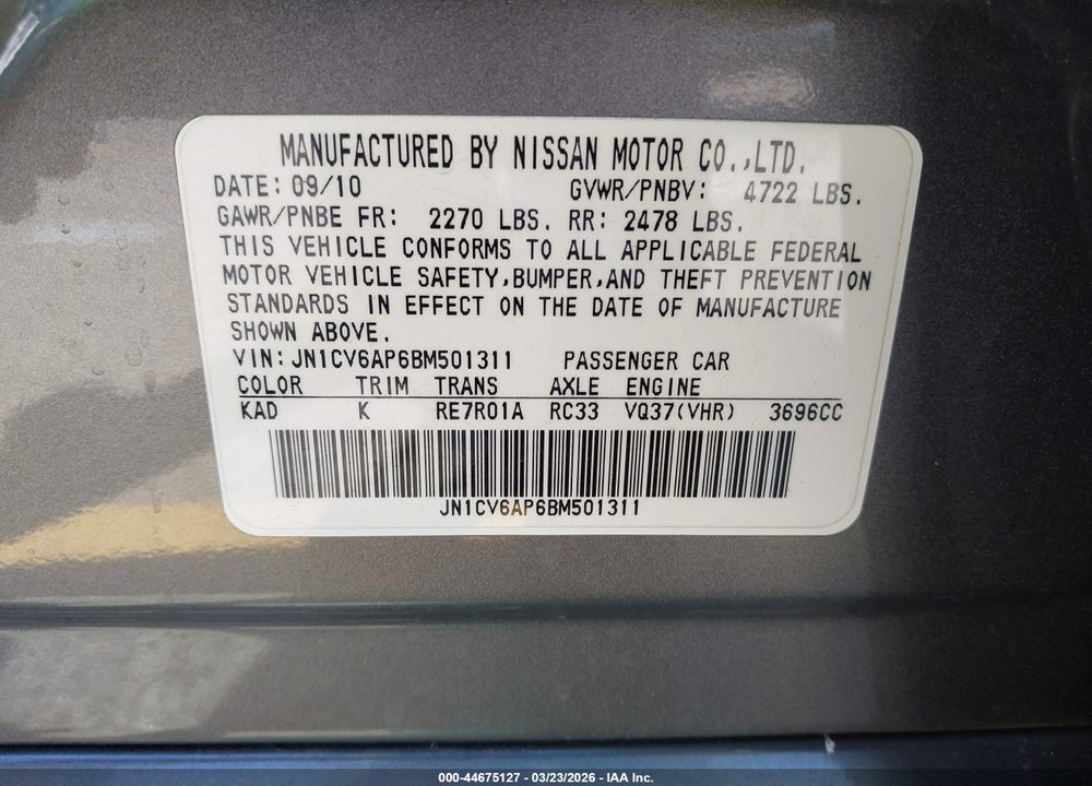 2011 INFINITI G37 JOURNEY VIN: JN1CV6AP6BM501311