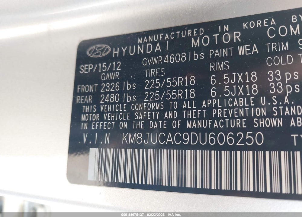 2013 HYUNDAI TUCSON LIMITED VIN: KM8JUCAC9DU606250