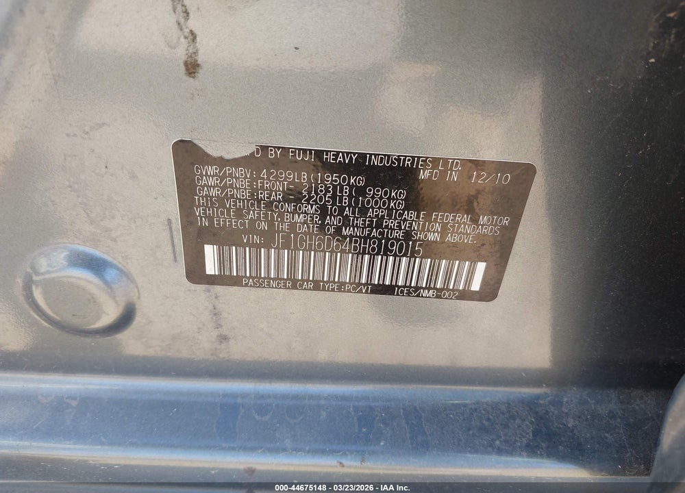 2011 SUBARU IMPREZA OU VIN: JF1GH6D64BH819015