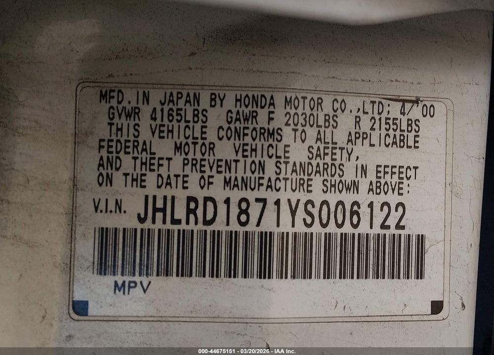 2000 HONDA CR-V SPECIAL EDITION VIN: JHLRD1871YS006122