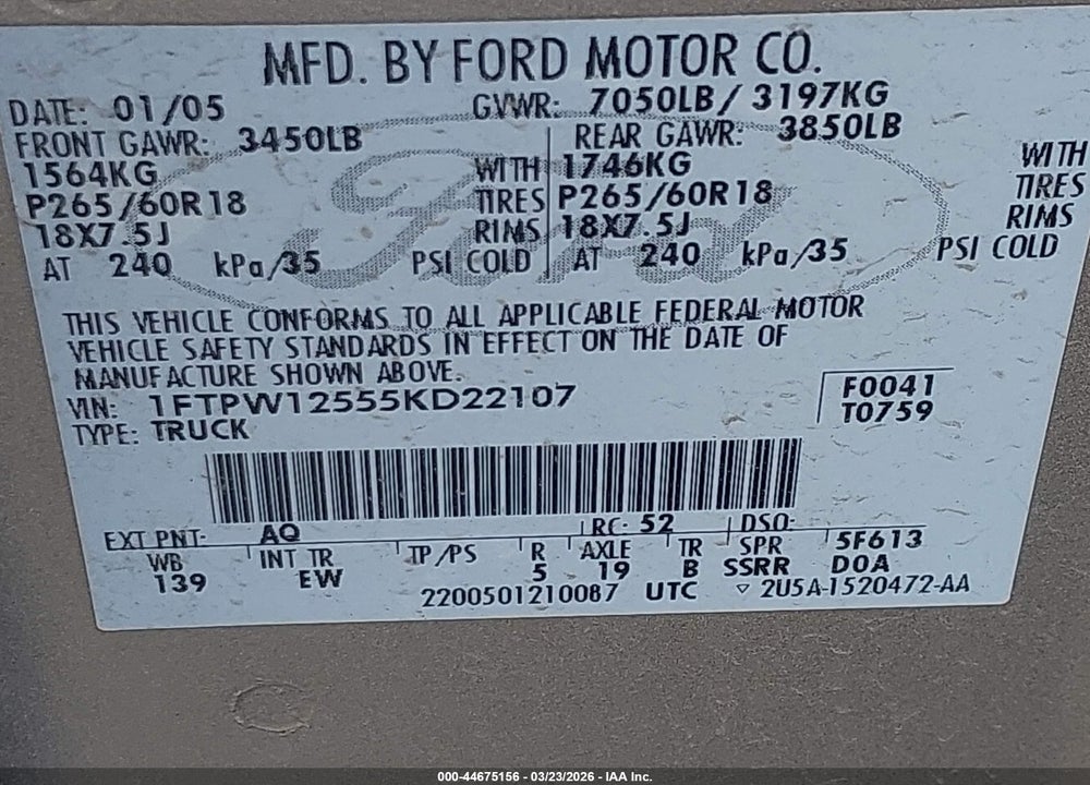 2005 FORD F-150 LARIAT/XLT VIN: 1FTPW12555KD22107