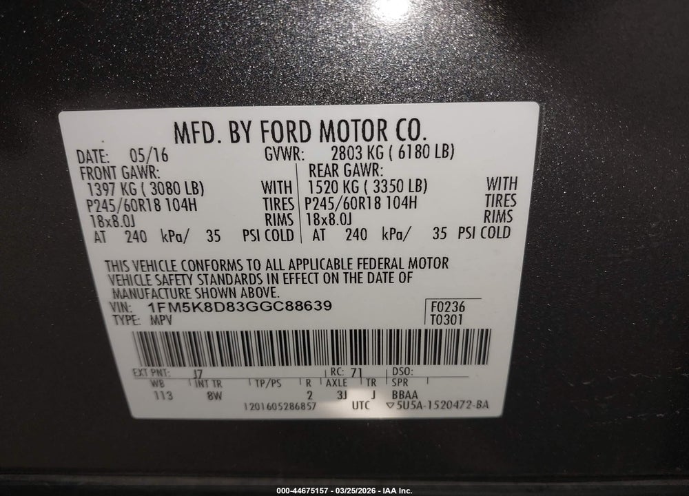2016 FORD EXPLORER XLT VIN: 1FM5K8D83GGC88639