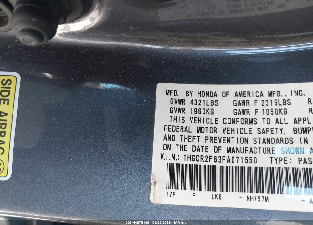 2015 HONDA ACCORD EX-L VIN: 1HGCR2F83FA071550