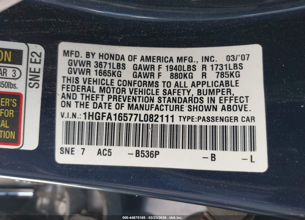 2007 HONDA CIVIC LX VIN: 1HGFA16577L082111