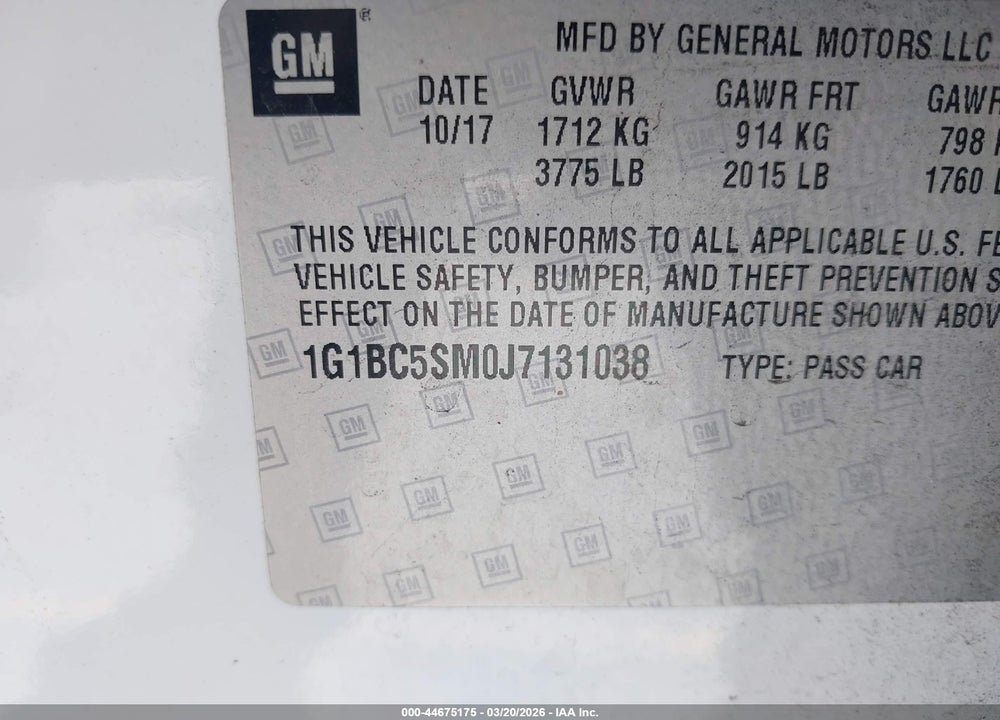 2018 CHEVROLET CRUZE LS AUTO VIN: 1G1BC5SM0J7131038