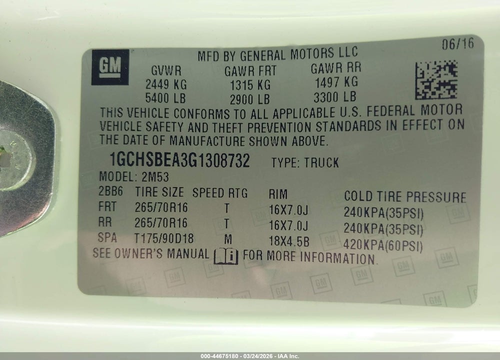2016 CHEVROLET COLORADO WT VIN: 1GCHSBEA3G1308732