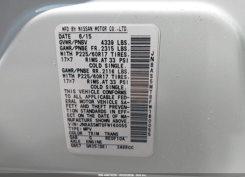2015 NISSAN ROGUE SELECT S VIN: JN8AS5MT8FW160055