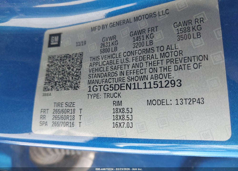 2020 GMC CANYON 2WD  SHORT BOX SLT VIN: 1GTG5DEN1L1151293
