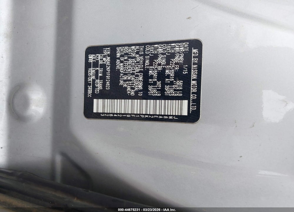 2015 NISSAN QUEST PLATINUM/S/SL/SV VIN: JN8AE2KP1F9124623