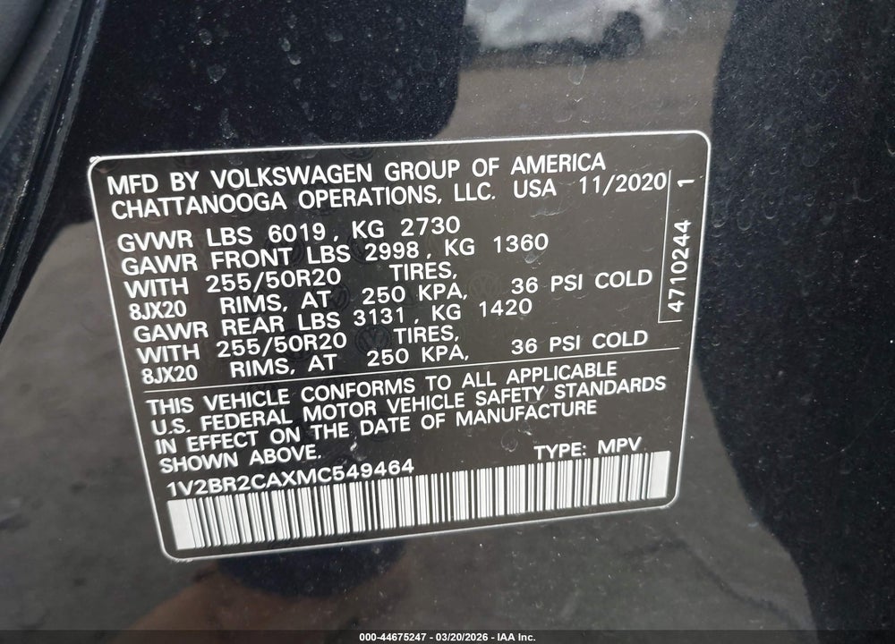 2021 VOLKSWAGEN ATLAS 3.6L V6 SEL VIN: 1V2BR2CAXMC549464
