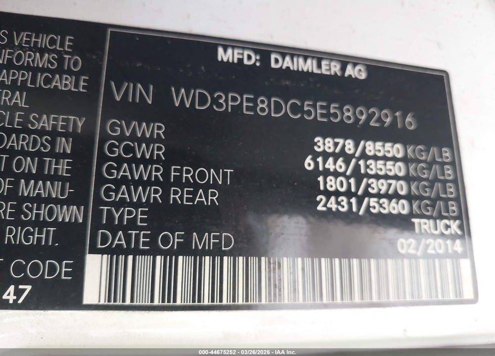 2014 MERCEDES-BENZ SPRINTER 2500 HIGH ROOF VIN: WD3PE8DC5E5892916