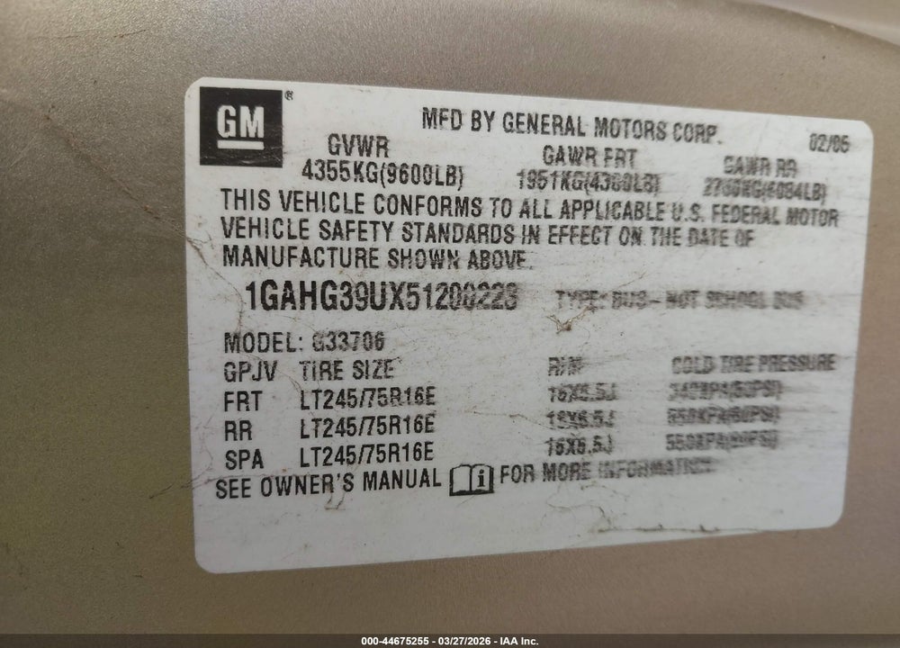 2005 CHEVROLET EXPRESS VIN: 1GAHG39UX51200223