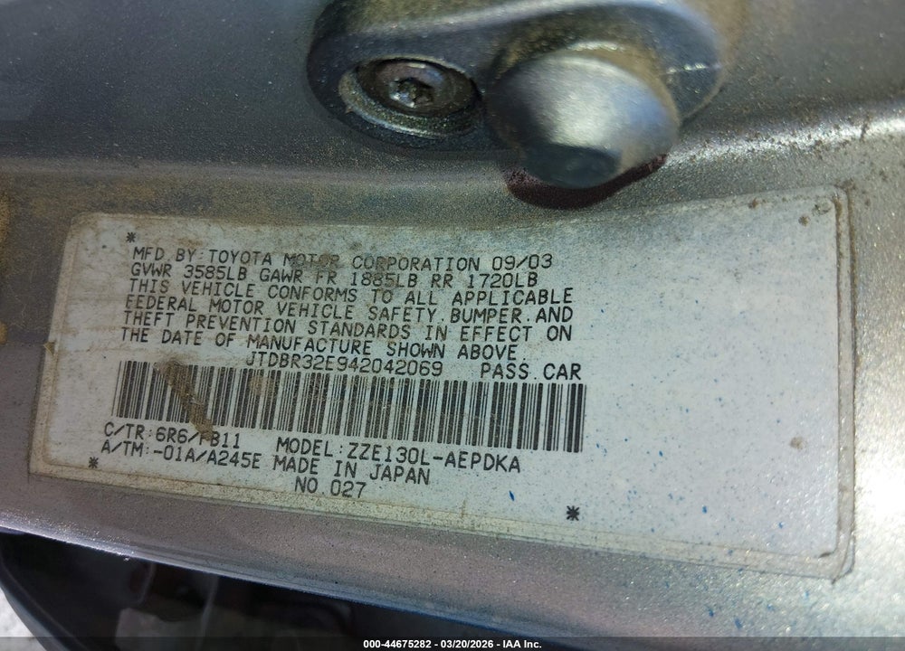 2004 TOYOTA COROLLA CE VIN: JTDBR32E942042069