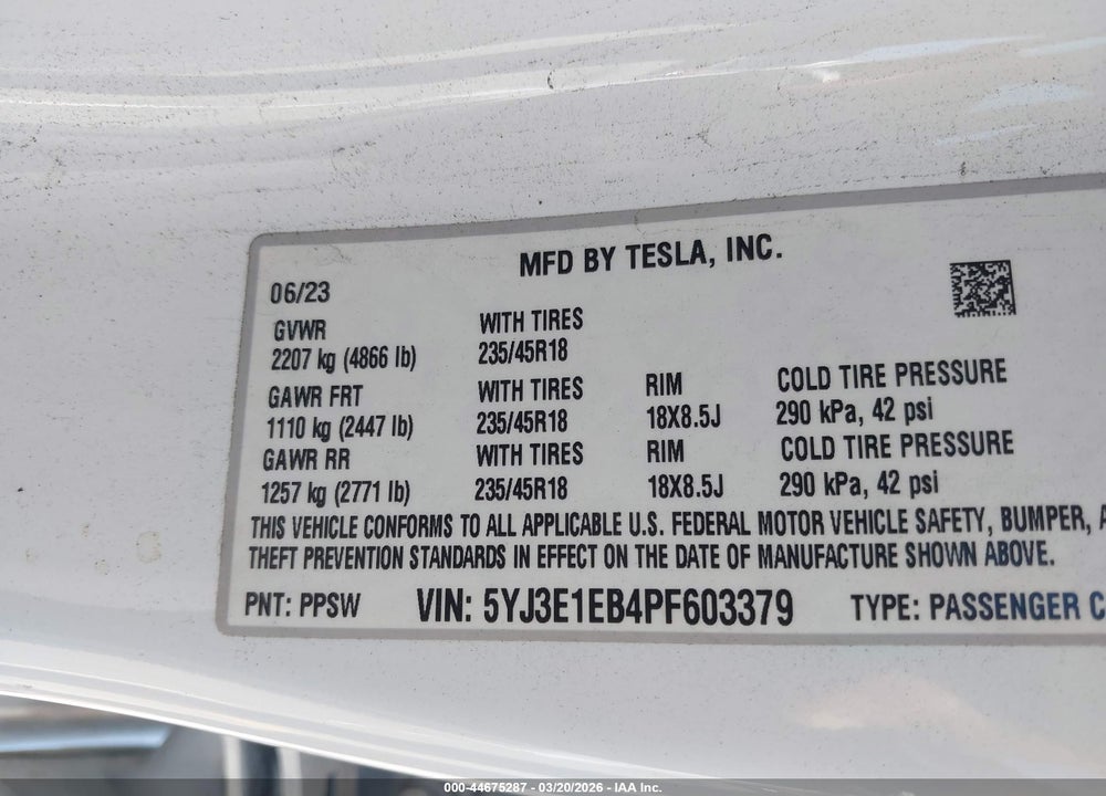 2023 TESLA MODEL 3 LONG RANGE DUAL MOTOR ALL-WHEEL DRIVE VIN: 5YJ3E1EB4PF603379