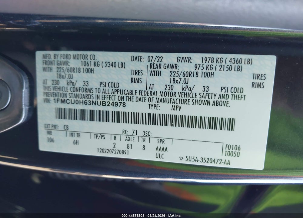 2022 FORD ESCAPE SEL VIN: 1FMCU0H63NUB24978