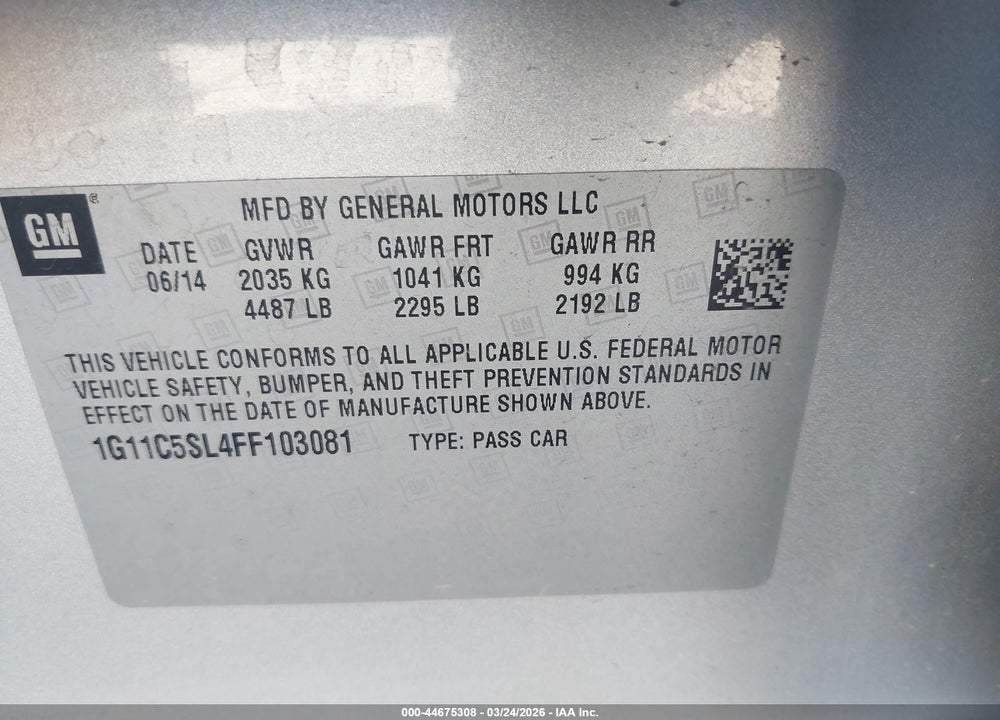 2015 CHEVROLET MALIBU 1LT VIN: 1G11C5SL4FF103081