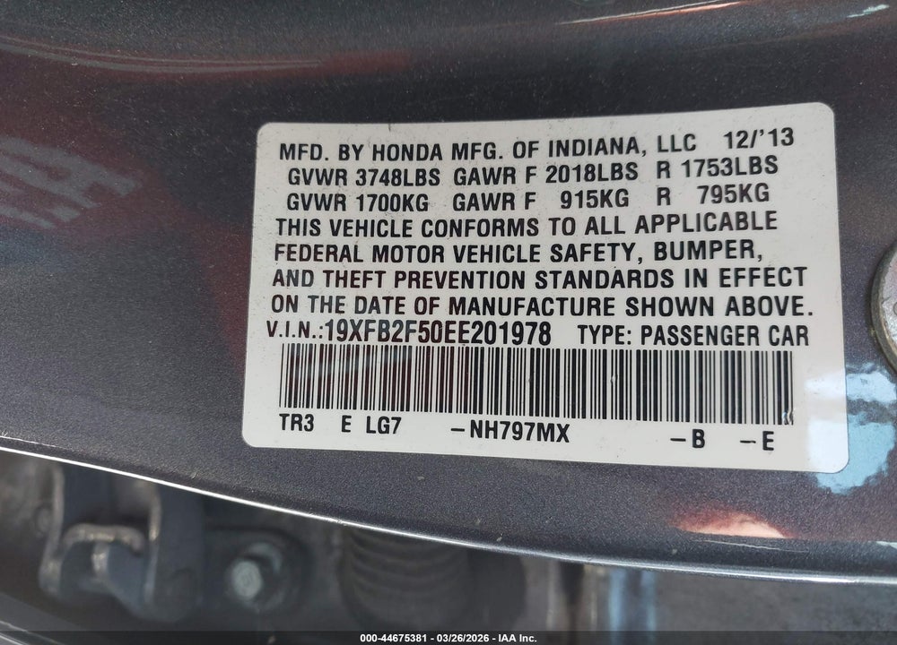 2014 HONDA CIVIC LX VIN: 19XFB2F50EE201978