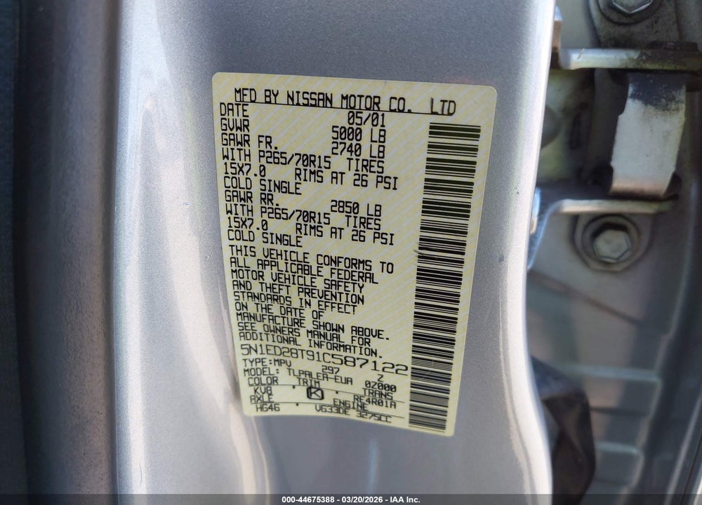 2001 NISSAN XTERRA XE-V6 VIN: 5N1ED28T91C587122