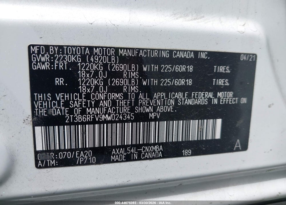 2021 TOYOTA RAV4 HYBRID XLE PREMIUM VIN: 2T3B6RFV9MW024345