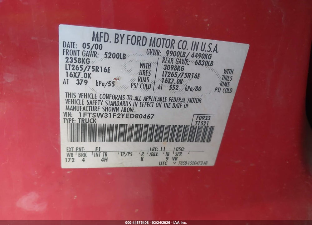 2000 FORD F-350 LARIAT/XL/XLT VIN: 1FTSW31F2YED80467