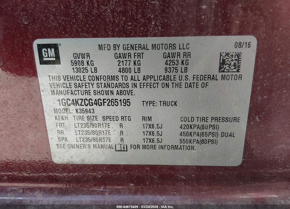 2016 CHEVROLET SILVERADO 3500HD LT VIN: 1GC4KZCG4GF265195