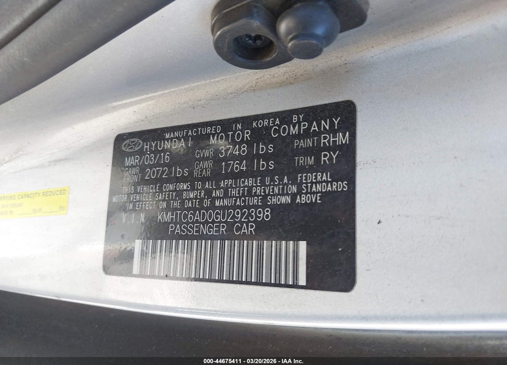 2016 HYUNDAI VELOSTER VIN: KMHTC6AD0GU292398