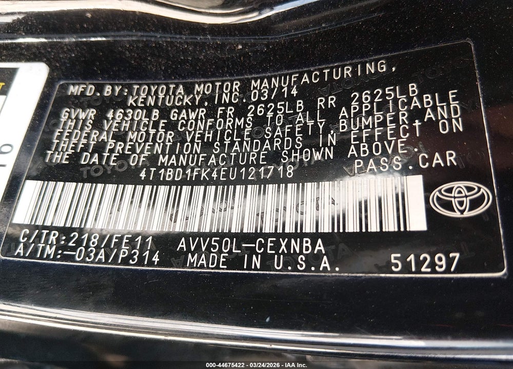 2014 TOYOTA CAMRY HYBRID LE VIN: 4T1BD1FK4EU121718