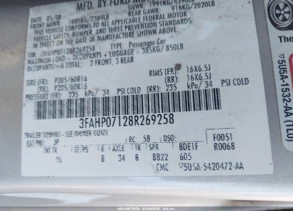 2008 FORD FUSION SE VIN: 3FAHP07128R269258