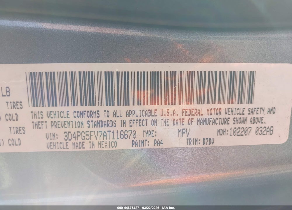 2010 DODGE JOURNEY SXT VIN: 3D4PG5FV7AT116670