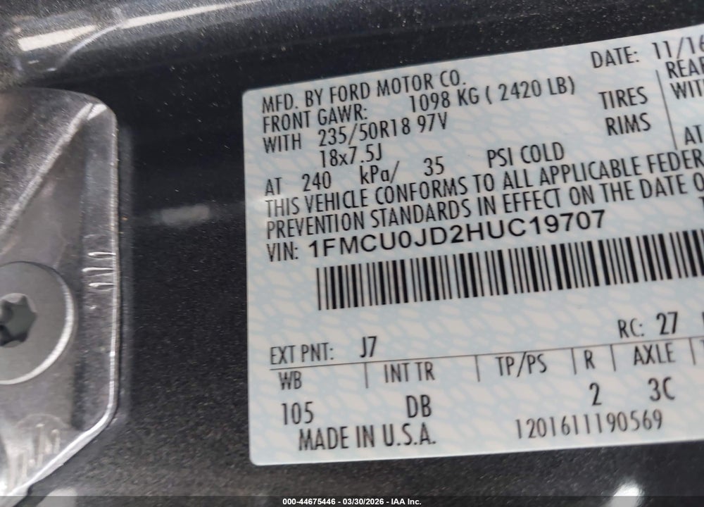 2017 FORD ESCAPE TITANIUM VIN: 1FMCU0JD2HUC19707