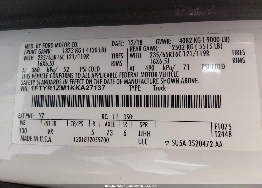 2019 FORD TRANSIT-250 VIN: 1FTYR1ZM1KKA27137