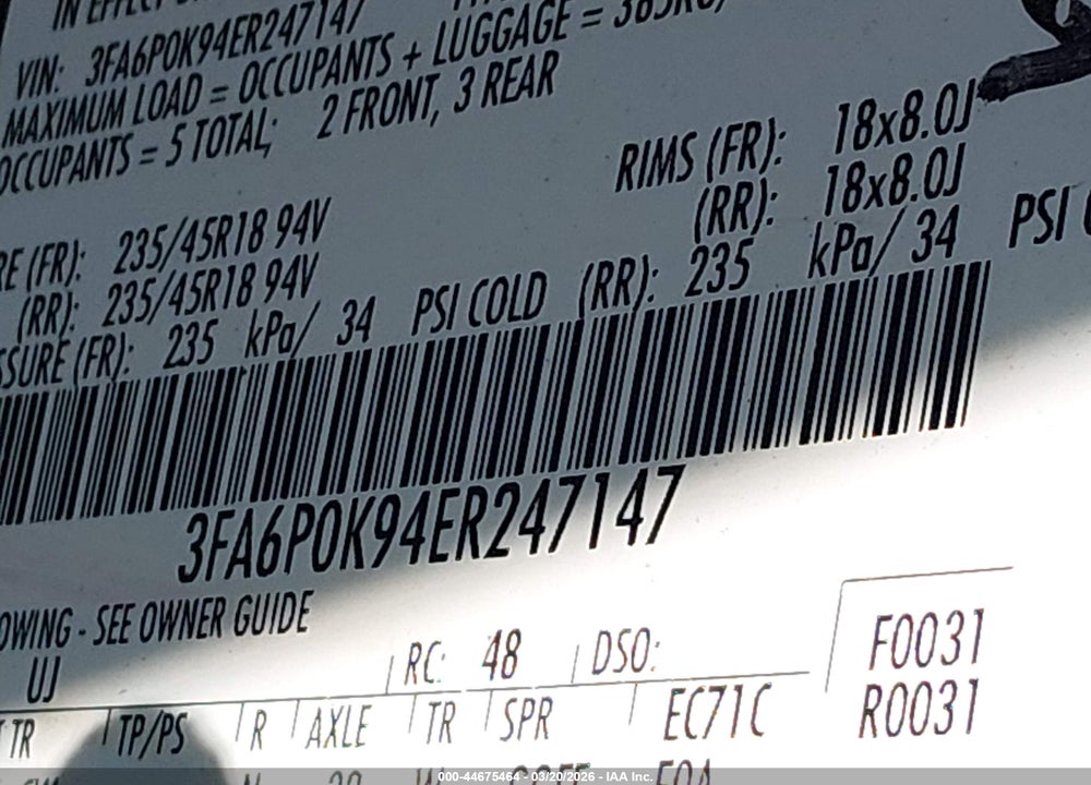 2014 FORD FUSION TITANIUM VIN: 3FA6P0K94ER247147
