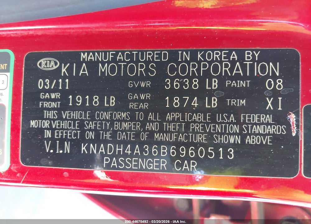 2011 KIA RIO LX VIN: KNADH4A36B6960513