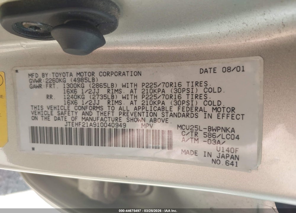 2001 TOYOTA HIGHLANDER V6 VIN: JTEHF21A910040949