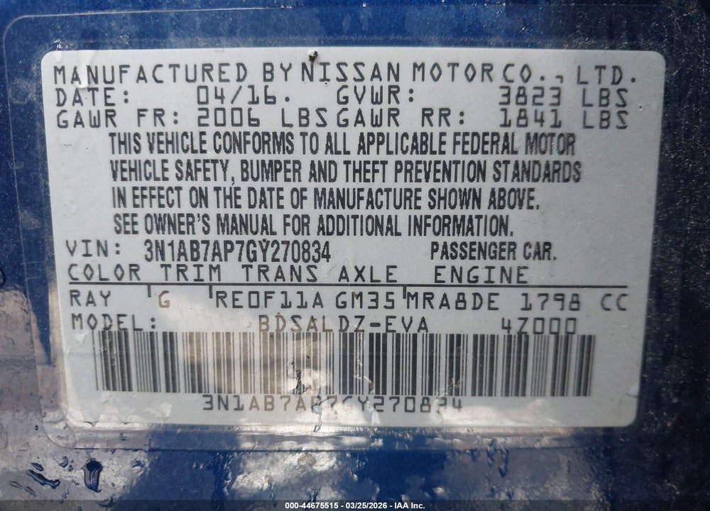 2016 NISSAN SENTRA SV VIN: 3N1AB7AP7GY270834