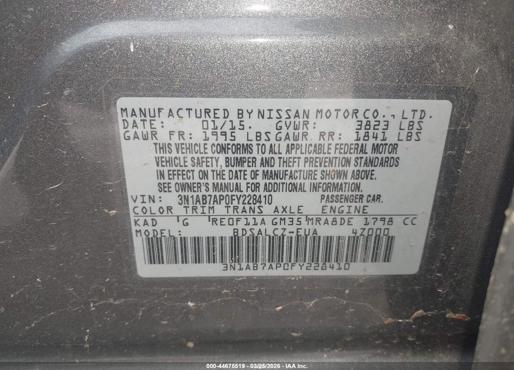 2015 NISSAN SENTRA S VIN: 3N1AB7AP0FY228410